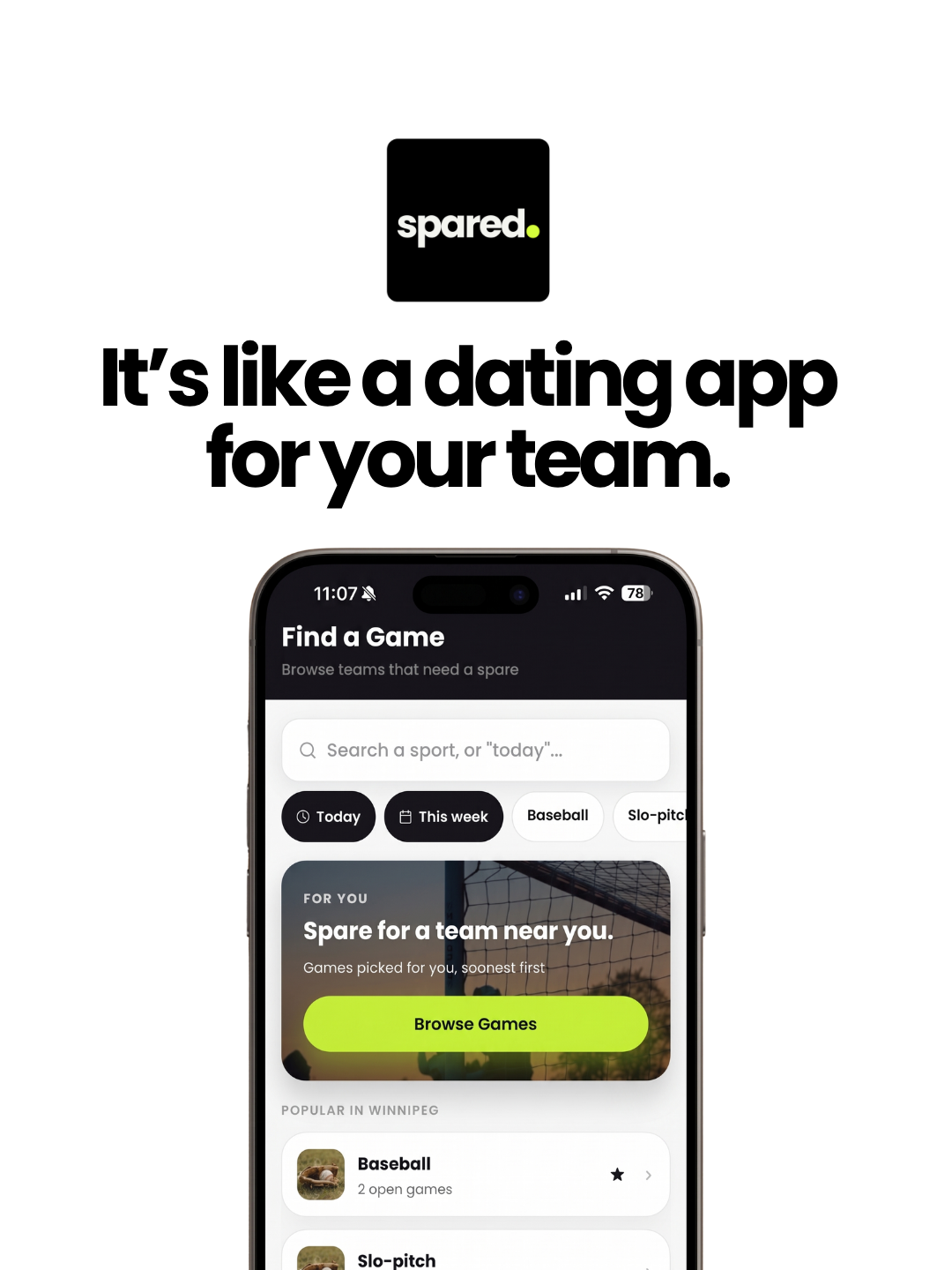 The Spared app showing nearby games to join, with the spared. logo above