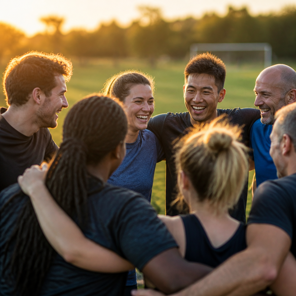 A co-ed rec team huddled together on the field